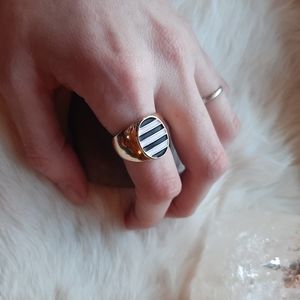 Enamel Signet Ring - Size 6.75 - Gold Tone with Black and White Stripes